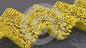 Waving yellow balls. Gray background. Abstract animation, 3d render.