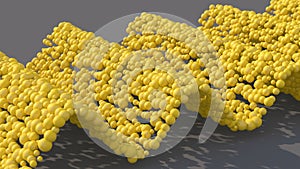 Waving yellow balls. Gray background. Abstract illustration, 3d render