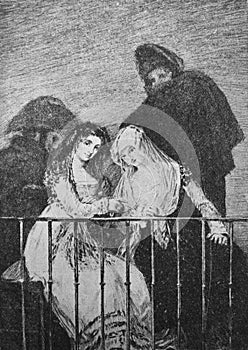 The wavings on the balcony by Francisco Goya, a Spanish romantic painter and printmaker in the old book the History of Painting,