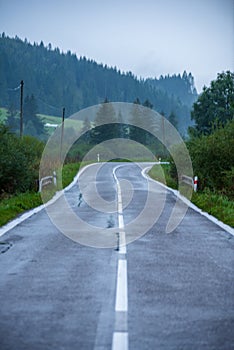 Wavy asphalt road in mountain area in forest