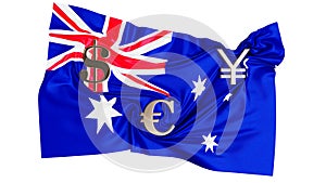 Wavy Australian Flag with Global Currency Symbols on Blue Background