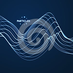 Wavy background. Array with dynamic particles. Composition with motion effect. 3d technology style. Vector illustration
