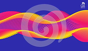 Wavy background. Array with dynamic particles. Composition with motion effect. 3d technology style. Vector illustration