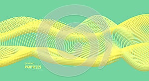 Wavy background. Array with dynamic particles. Composition with motion effect. 3d technology style. Vector illustration