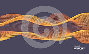 Wavy background. Array with dynamic particles. Composition with motion effect. 3d technology style. Vector illustration