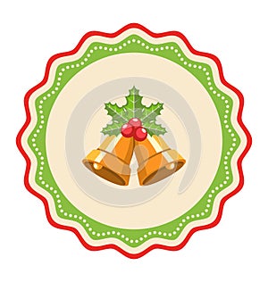 Wavy Christmas Label Icon Flat with Bells and Holly Isolated on