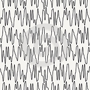 Wavy curved zig zag lines seamless vector pattern. Hand drawn dynamic shapes abstract background. Black and white simple doodles.