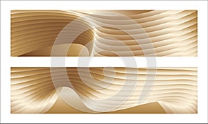 Wavy golden parallel gradient lines, ribbons, silk. Golden with shades of yellow background, banner, poster. Set of 2