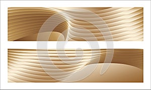 Wavy golden parallel gradient lines, ribbons, silk. Golden with shades of yellow background, banner, poster. Set of 2