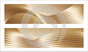 Wavy golden parallel gradient lines, ribbons, silk. Golden with shades of yellow background, banner, poster. Set of 2