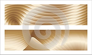 Wavy golden parallel gradient lines, ribbons, silk. Golden with shades of yellow background, banner, poster. Set of 2