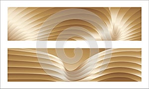 Wavy golden parallel gradient lines, ribbons, silk. Golden with shades of yellow background, banner, poster. Set of 2