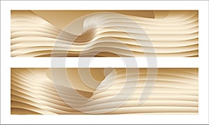 Wavy golden parallel gradient lines, ribbons, silk. Golden with shades of yellow background, banner, poster. Set of 2