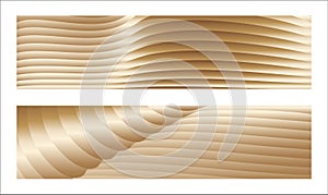 Wavy golden parallel gradient lines, ribbons, silk. Golden with shades of yellow background, banner, poster. Set of 2