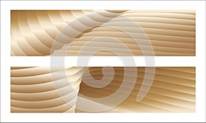 Wavy golden parallel gradient lines, ribbons, silk. Golden with shades of yellow background, banner, poster. Set of 2