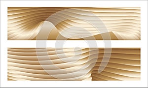 Wavy golden parallel gradient lines, ribbons, silk. Golden with shades of yellow background, banner, poster. Set of 2