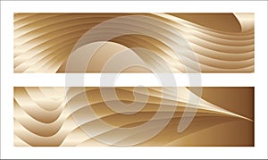 Wavy golden parallel gradient lines, ribbons, silk. Golden with shades of yellow background, banner, poster. Set of 2