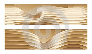 Wavy golden parallel gradient lines, ribbons, silk. Golden with shades of yellow background, banner, poster. Set of 2