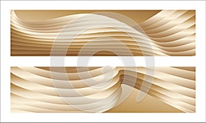 Wavy golden parallel gradient lines, ribbons, silk. Golden with shades of yellow background, banner, poster. Set of 2