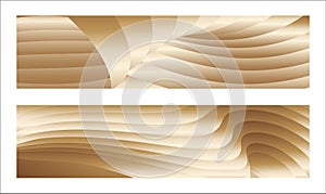 Wavy golden parallel gradient lines, ribbons, silk. Golden with shades of yellow background, banner, poster. Set of 2