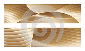 Wavy golden parallel gradient lines, ribbons, silk. Golden with shades of yellow background, banner, poster. Set of 2