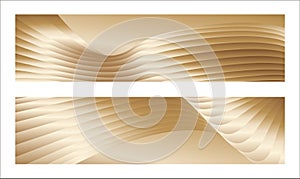 Wavy golden parallel gradient lines, ribbons, silk. Golden with shades of yellow background, banner, poster. Set of 2