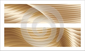 Wavy golden parallel gradient lines, ribbons, silk. Golden with shades of yellow background, banner, poster. Set of 2