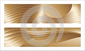 Wavy golden parallel gradient lines, ribbons, silk. Golden with shades of yellow background, banner, poster. Set of 2