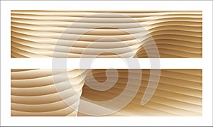 Wavy golden parallel gradient lines, ribbons, silk. Golden with shades of yellow background, banner, poster. Set of 2