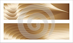 Wavy golden parallel gradient lines, ribbons, silk. Golden with shades of yellow background, banner, poster. Set of 2