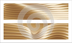 Wavy golden parallel gradient lines, ribbons, silk. Golden with shades of yellow background, banner, poster. Set of 2