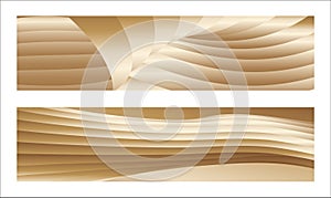 Wavy golden parallel gradient lines, ribbons, silk. Golden with shades of yellow background, banner, poster. Set of 2