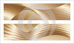 Wavy golden parallel gradient lines, ribbons, silk. Golden with shades of yellow background, banner, poster. Set of 2