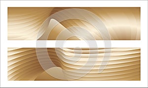 Wavy golden parallel gradient lines, ribbons, silk. Golden with shades of yellow background, banner, poster. Set of 2