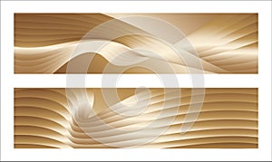 Wavy golden parallel gradient lines, ribbons, silk. Golden with shades of yellow background, banner, poster. Set of 2