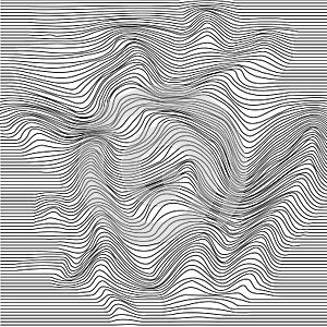 Wavy line deformation. Abstract monochrome striped glitch background. Vector illustration