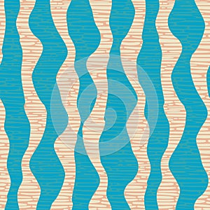 Wavy line seamless vector pattern background. Vertical linear geometric blue stripe backdrop with overlay wicker texture