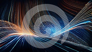 Wavy lines of flowing data and binary code illuminate a dark backdrop, representing the movement and processing of digital