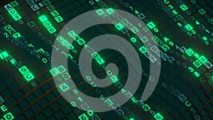 Wavy lines with glow green computer code 3D render illustration