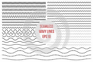 Wavy lines set. Horizontal seamless thin zig zag, criss cross and wavy lines for brushes photo