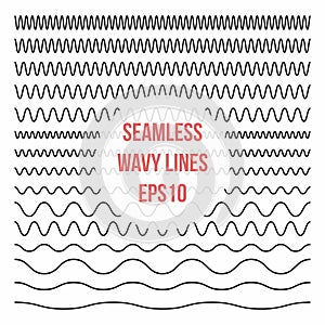 Wavy lines set. Horizontal seamless thin zig zag, criss cross and wavy lines for brushes