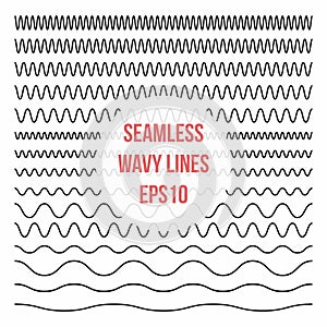 Wavy lines set. Horizontal seamless thin zig zag, criss cross and wavy lines for brushes photo