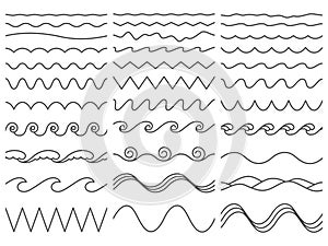 Wavy lines. Wiggly border, curved sea wave and seamless billowing ocean waves vector illustration set photo