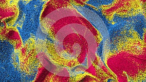 Wavy multicolored particles of liquid turbulent flow. Swirly mixing, morphing sand vortex motion