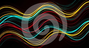 Wavy, neon-like lines in turquoise, yellow, and red flow rhythmically against a dark background photo