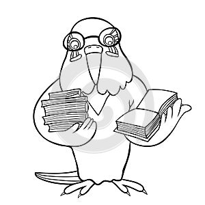 Wavy parrot man smart in glasses with books. vector illustration
