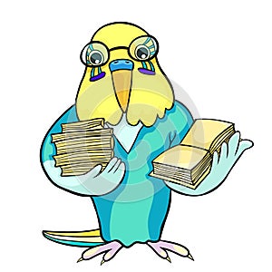 Wavy parrot man smart in glasses with books. vector illustration