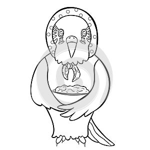 Wavy parrot old grandmother in a kerchief with a plate of food. vector illustration