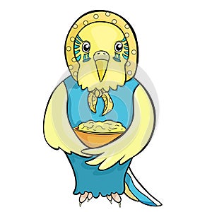 Wavy parrot old grandmother in a kerchief with a plate of food. vector illustration