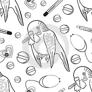 The wavy parrot is scoloring seamless pattern wavy parrot is sick with a thermometer Vector illustrationick with a thermometer.